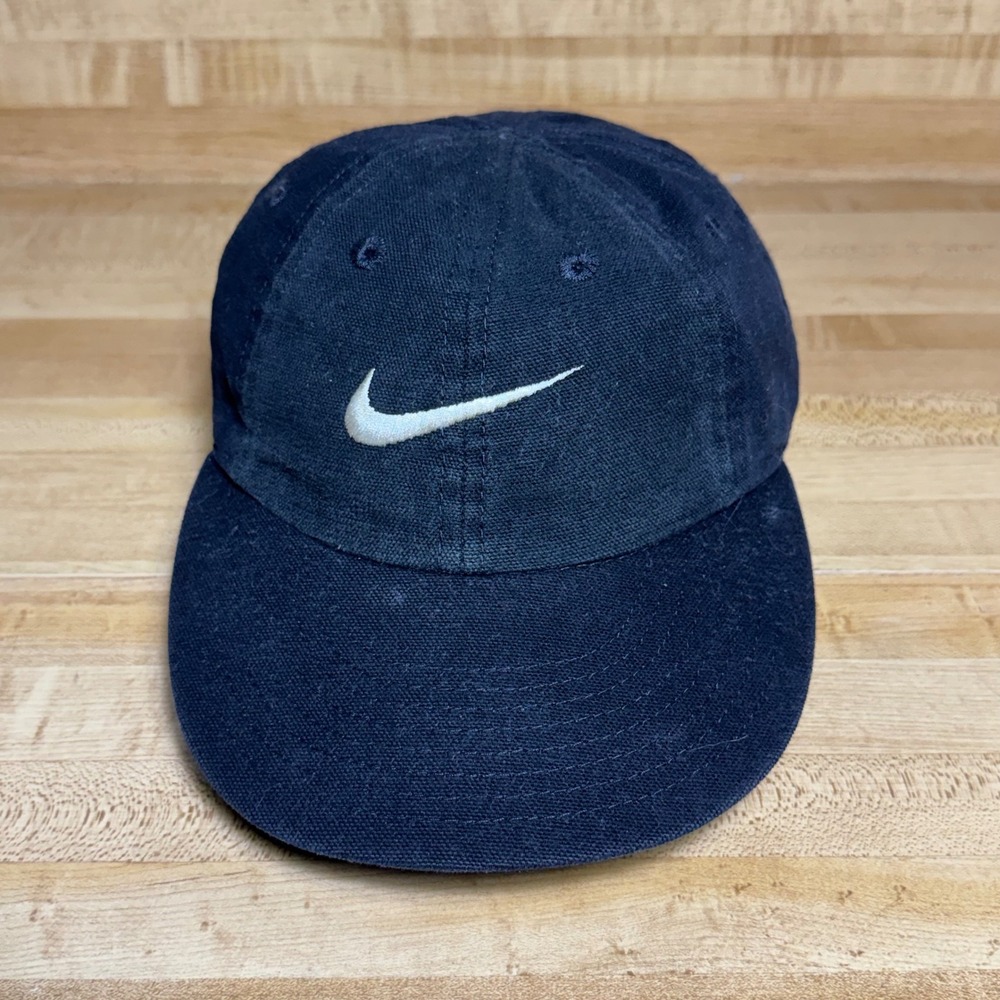 Vintage 90's Nike Swoosh Dad Hat Black Cotton Canvas Elastic Back Cap S60710WDI